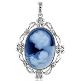 14K White Gold New Arrival Oval Cameo Pendant with Diamond Accented Frame