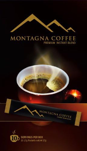 Premium Instant Coffee Sticks ­ Montagna Packets made of Rich Arabica and Robusta Beans for smooth, rich taste. 100% Satisfaction Guaranteed. Easier than k­cups, pods, beans. Great when added with Mocha, Espresso, Dark or Colombian Coffee. Get your single pouches today!