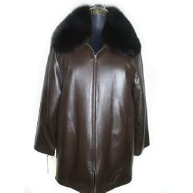 Buy Butter Lambskin Leather Long Zip Jacket w Detachable Fox Collar and Sheared Rabbit Lining by FursNewYork