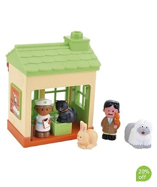 Mr Paws is the village vet who works hard to keep all HappyLand's animals healthy.  Requires 2 x button cell batteries  Set includes:  Mr Paws the Vet  Nurse Nancy  vet's Office  van  kennel  3 animals  Suitable from 18 months - 4 years