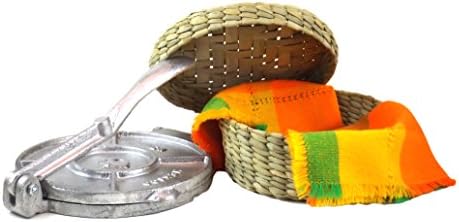 Bundle of 3 Items: Aluminum Tortilla Press, Hand Made Tule Basket Warmer and Orange - Green Cotton Napkin