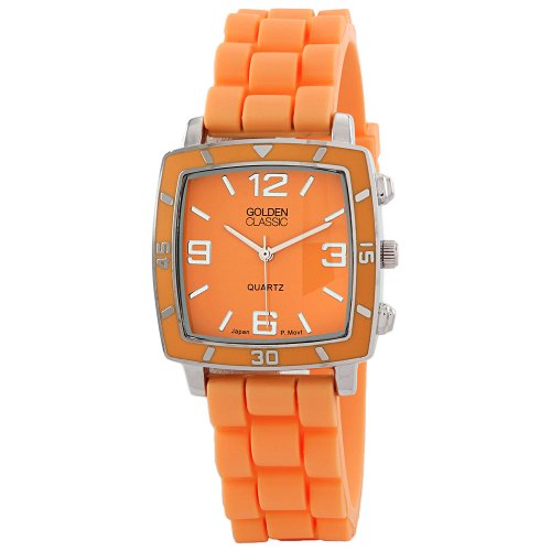 Golden Classic Women's 2213-Orange Social Jelly Trendy Square Rubber Strap Watch