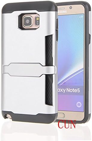 Note 5 case,Samsung Galaxy note 5 case,CUNNEW[Credit card slot][ID Slot][With Stand]shockproof drop resistant dual layer hybrid hard Samsung Galaxy Note 5 mobile phone cases. (Silver)