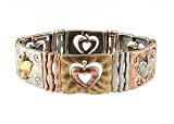Bangle Bracelet - Antique Gold, Silver & Copper Tone Metal with Heart Dangles (Stretchy)