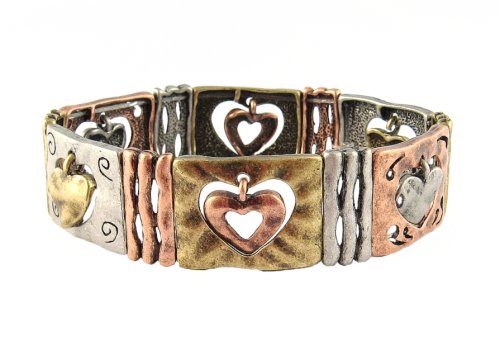 Bangle Bracelet   Antique Gold  Silver & Copper Tone Metal with Heart Dangles