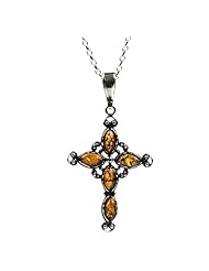 Sterling Silver Honey Amber Cross Pendant Necklace , 18"