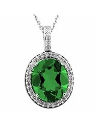 14K White Gold Oval Cut Chatham Created Emerald and Diamond Pendant -- LIFETIME WARRANTY