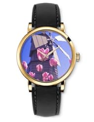 SPRAWL Aanalog Fashion Series Gold Ladies Watches of Genuine Black Leather Strap,Unique Wrist Watch for Women Girls Designed with Roses Tulips and windmill