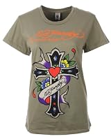 Ed Hardy Womens Rhinestone T-Shirt Gothic Cross of Love Olive