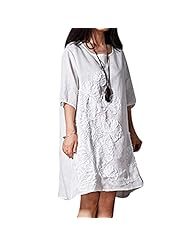 Summer Cotton/Linen Embroidered Elbow Length Sleeves  Dress