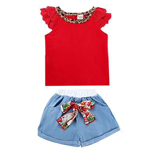 Urparcel Girls Bowknot Chiffon Dots Tops T-shirts Lace Culottes Outfits Set 2-7Y