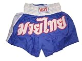 Vut Muay Thai Shorts (Blue with White Letters & Stripes)