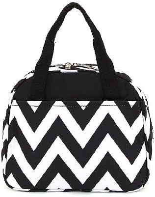 10" Chevron Microfiber Reusable Insulated Lunch Bag with Pockets (Black/White)