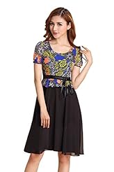 Round Neck  Puff Sleeves Short Sleeves Floral Print  Dress With a Bow(s) and a Ribbon 