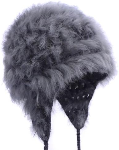 Fur Earflap & Braids Winter Beanie Hat, Grey