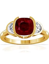 18K Yellow Gold Cushion Cut Ruby Three Stone Ring