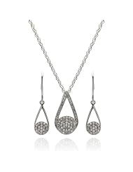 Nickel Free Sterling Silver Necklace & Earring Sets Open Hanging Teardrop Shape Micro Pave Set Pendant: 20.8mm X 11.1mm Earrings: 16.8mm X 7.45mm Chains: Adjustable 16-18 Inches