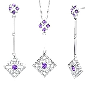 3.00 carats Round Shape Amethyst Pendant Earrings Set in Sterling Silver by