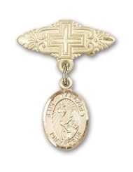 14K Gold Baby Badge with St. Margaret Mary Alacoque Charm and Badge Pin with Cross