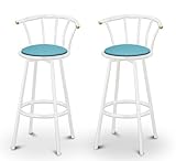 IMAGE OF 2 Baby Blue Vinyl Specialty / Custom White Barstools with Backrest Set