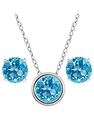 3.00 Ct Round Swiss Blue Topaz 925 Sterling Silver Pendant Earrings Set