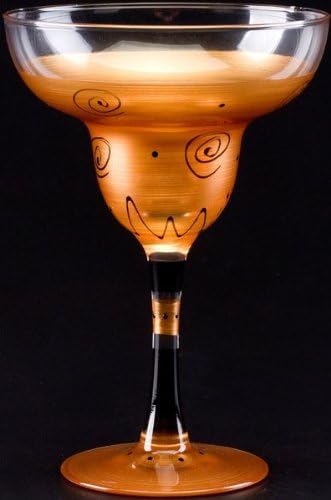 Set of 2 Gold &amp; Black Swirls and Dots Hand Painted Margarita Glasses - 12 Ounces