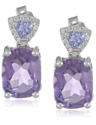 Sterling Silver Amethyst, Tanzanite and Diamond Earrings, (.1 cttw, GH Color, I3 Clarity)