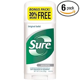 Sure Original Solid Anti-Perspirant and Deodorant, Unscented, 3.3-Ounces (Pack of 6)