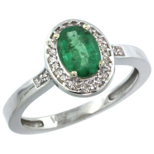 14k White Gold ( 7x5 mm ) Halo Engagement Emerald Ring w/ 0.075 Carat Brilliant Cut Diamonds & 0.85 Carat Oval Cut Stone, 7/16 in. (11mm) wide, size 9