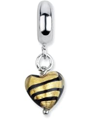 Sterling Silver Reflections Heart Gold/Black Stripes Italian Murano Dangle
