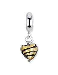 Sterling Silver s Heart Gold/black Stripes Italian Murano Dangle by Reflection Beads, Best Quality Free Gift Box Satisfaction Guaranteed