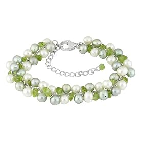 Sterling Silver, Freshwater Cultured Pearl and Peridot Bracelet, 6-8"
