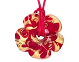 Gold Overlay Sterling Silver Red and Yellow Flower-Shaped Murano Glass Pendant w/ Red Cord