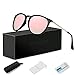 WOWSUN Polarized Sunglasses for Women Vintage Retro Round Mirrored Lens (Black Frame Light Pink Mirror Lens, 55)