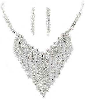 Silver Tone Bib Pendant Necklace Pierced Earrings Set Rhinestone Bride