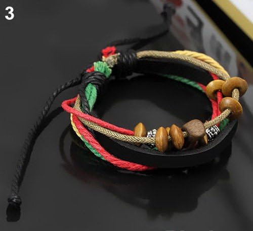 Adjustable Womens Mens Unisex Handmade Multilayer Leather Beads Rope Wrap Bracelet Bangle Chain Link Charms, Red Green Black Leather