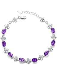 Honeystore Girls Natural Amethyst Cubic Zirconia Clover 925 Sterling Silver White Gold Plated Link Bracelet Color Purple Length 8 Inch