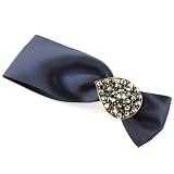 Evolatree - Silky Satin Ribbon Bow - Hematite Crystal & Perforated Brass leaf - Buckle Hair Tie Clip - Snap On & Press Release - Hair Barrette