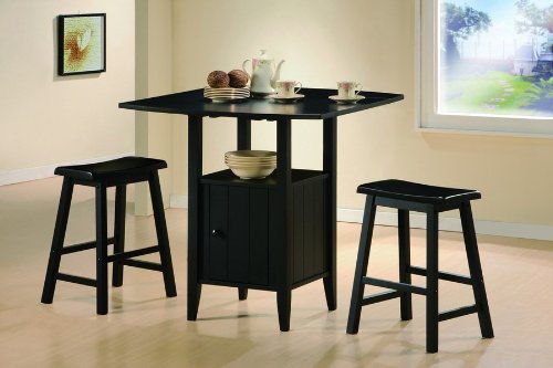 3 Pc Black Finish Counter Height Drop Leaf Pub Set with Saddle Stools