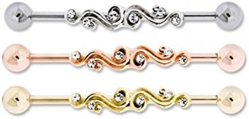 DSJ Rose Gold IP Stainless Steel Industrial Barbell Gemmed Swirl Embellished Charm Center Package