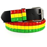 GENUINE LEATHER SNAP ON STUDDED BLACK JAMAICA FLAG BELT XLarge (40-44)