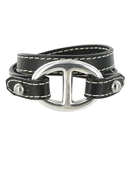 Les Poulettes Jewels - Sterling Silver Bracelet Double Turn - With Black Leather and Marine Knot Design