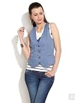Panelled Waistcoat With Metal Buttons-Blue-XL