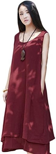 LACS Women's Fake Two-Layer Sleeveless A-Line Linen Long Dresses