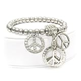 Silver Multi Peace Charms and Crystal Stud Beads Stretch Bracelet Fashion Jewelry