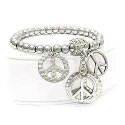 Silver Multi Peace Charms and Crystal Stud Beads Stretch Bracelet Fashion Jewelry