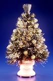National Tree Company SZIB7-192-36 36 Inch Fiber Optic 2-Function IceBavarian Long Needle Tree with White & Gold Flowers, Clear Ornaments and Lights White Column Base - Gold & Clear Wheels