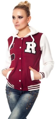 Baseball Varsity College Jacket with Hoodie "Foxy 61" (S/M, Bordeux-White)