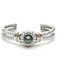 Sterling Silver Twisted Flower Open Cuff Bracelet with Black Tahitian Pearl Center, 14K Yellow Gold and Diamond Accents