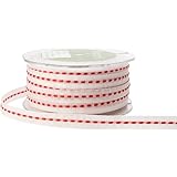 May Arts 3/8-Inch Wide Ribbon, White with Red Stitches